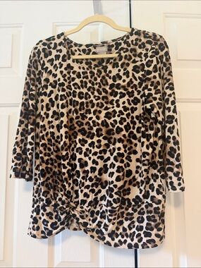 Chico's Leopard Print Twist-Hem Long Sleeve Top - Tan/Black